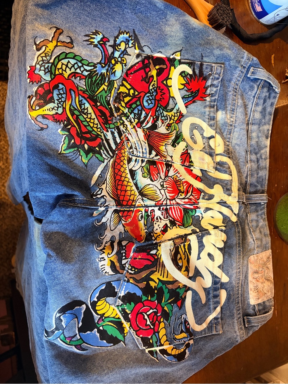 Ed Hardy Blue Denim Jeans with Multicolor Koi & Dragon Print